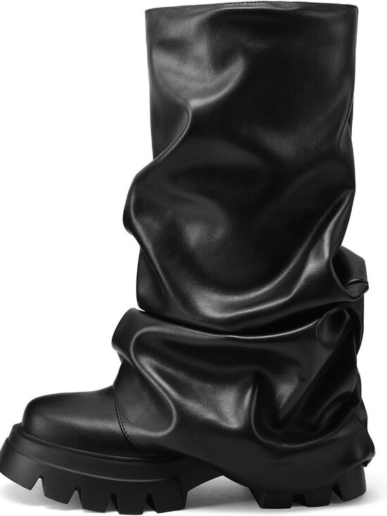 Shoes - Women's Black Fold Over Boots Slouchy Boots Wide Calf Pleated Platform Boots